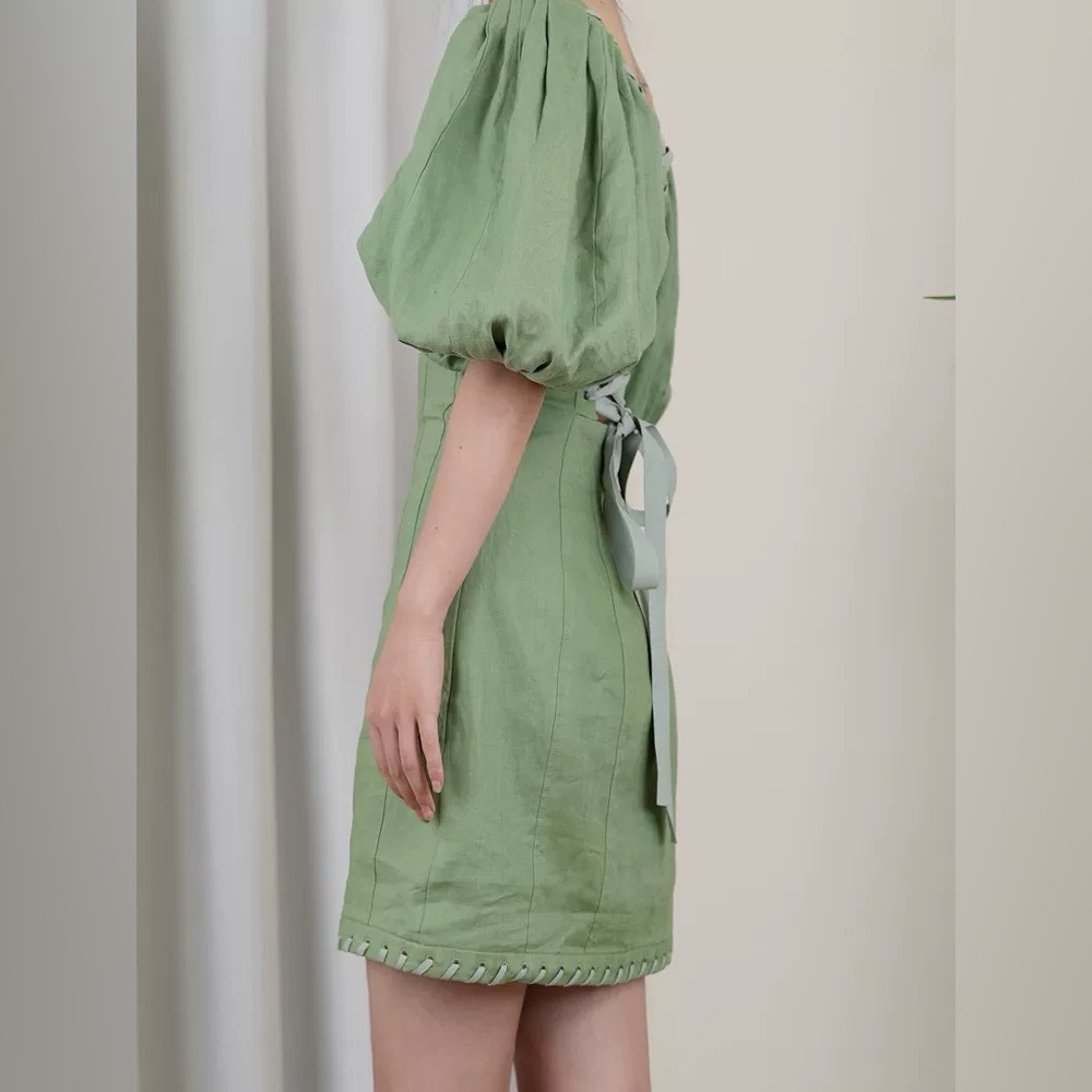 Zimmermann Olive Green Corset Back Tie 100% Linen Mini Dress Size 0 NWOT - Picture 3 of 10